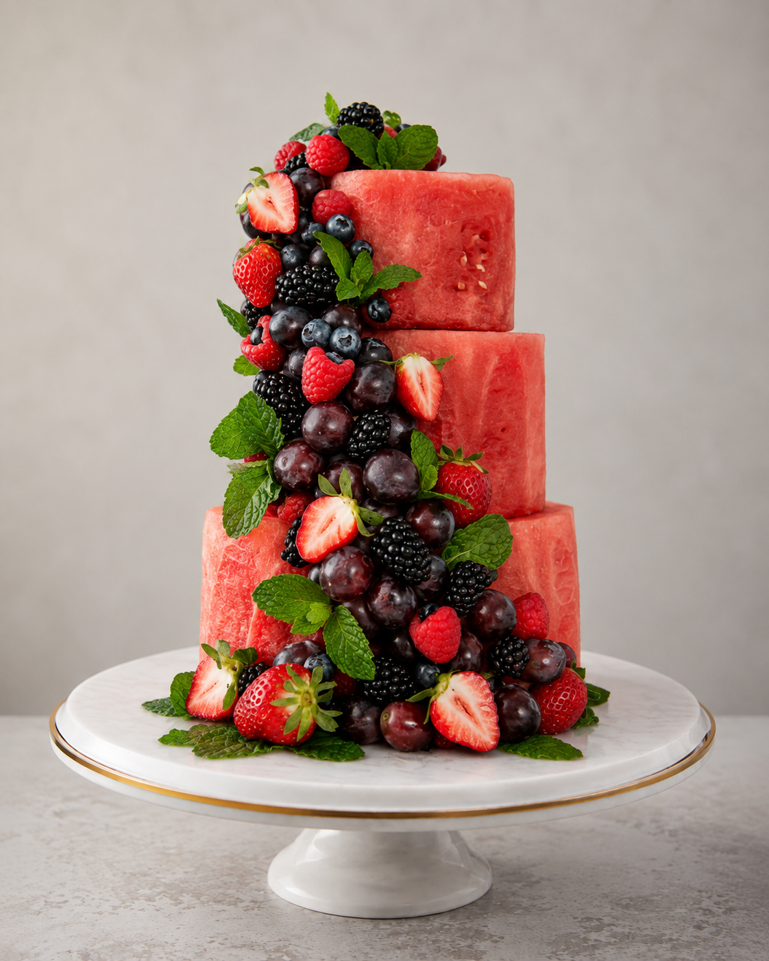 Two-tier carved watermelon celebration cake decorated with strawberries, blueberries, kiwi and grapes